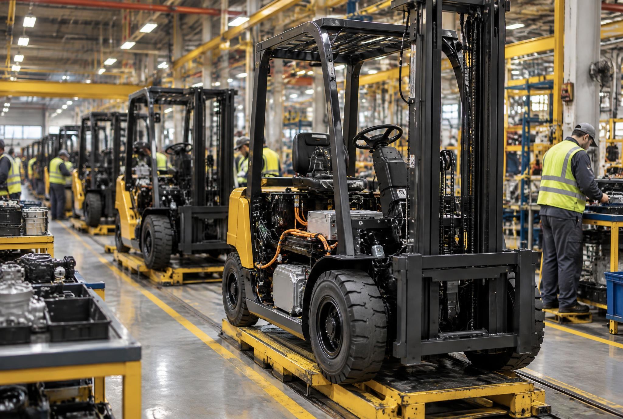 Forklift assembly line inside the Granvolt manufacturing plant