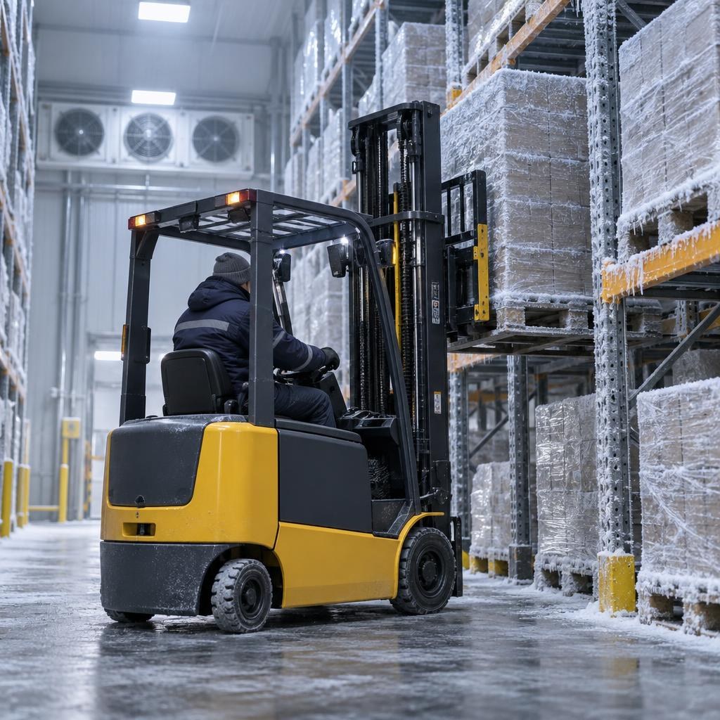 Electric forklift operating inside a frosted cold storage warehouse