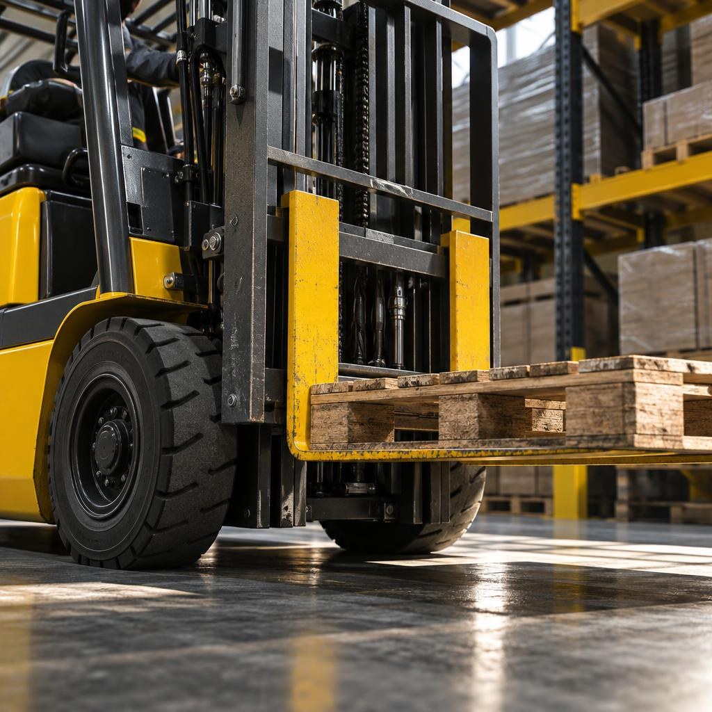 Forklift mast and fork tips lifting a wooden pallet