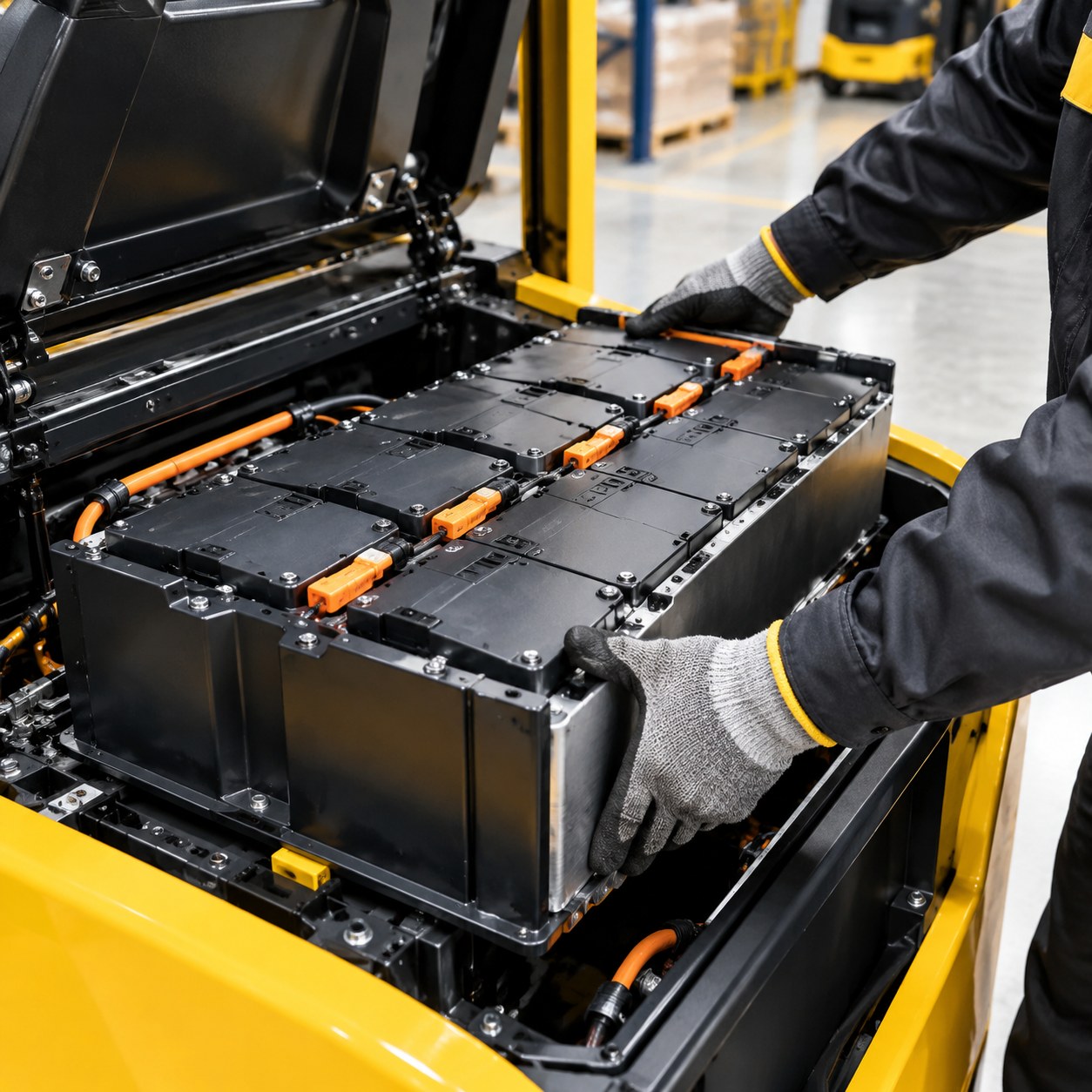 Technician installing a lithium battery pack into an electric forklift