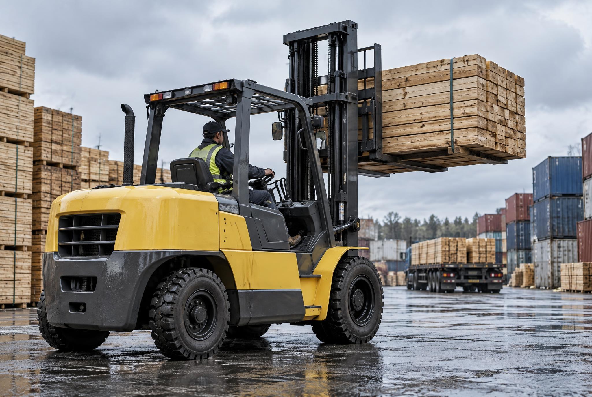 Rough-terrain forklift with pneumatic tires operating in an outdoor yard